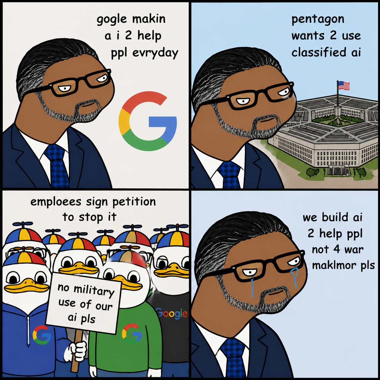 Clean four-panel Dolan-style meme about Google AI, Pentagon use, and employee petition.