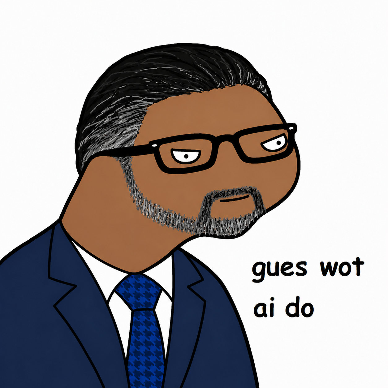 Dolan-style portrait of Sendor Poochai in a suit with side-eye expression.